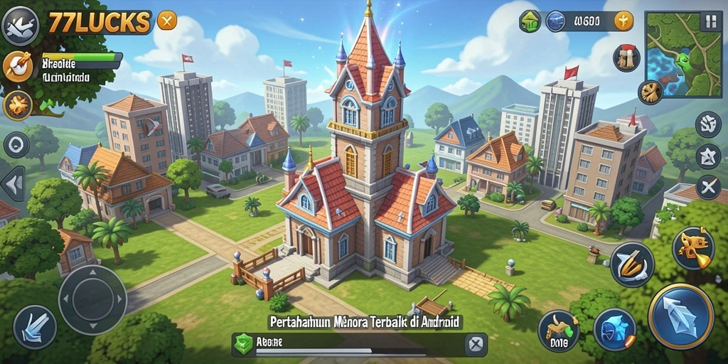 Tampilan menara dan strategi pertahanan game 77LUCKS.