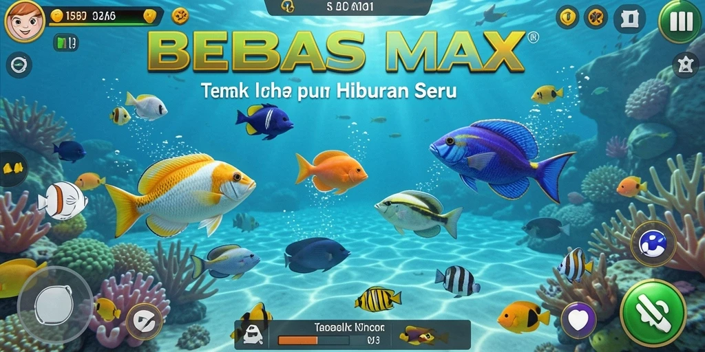 Screenshot utama BEBASMAX menunjukkan aksi seru menembak ikan di lautan.