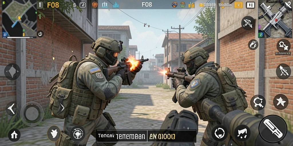 Gameplay FO8 yang intens dan penuh aksi, menunjukkan pertempuran FPS yang mendebarkan.