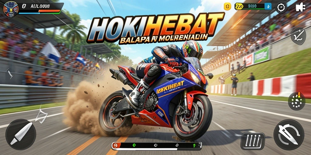 Screenshot gameplay HOKIHEBAT menampilkan aksi balapan motor yang intens.