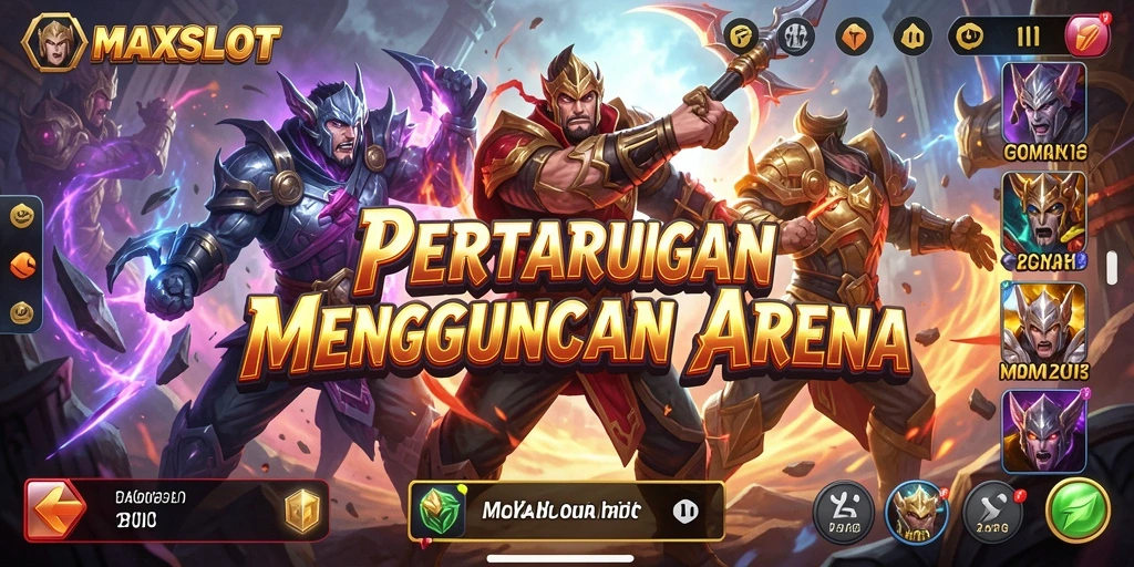Screenshot gameplay MAXSLOT menampilkan pertarungan mendebarkan di arena.
