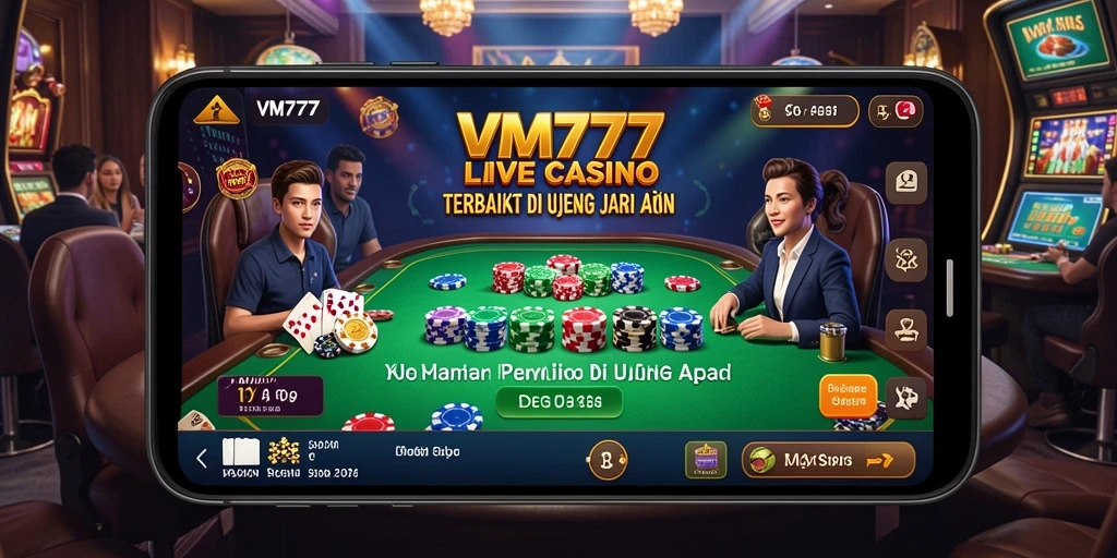 Screenshot gameplay VM777 menampilkan dealer langsung dan suasana kasino yang realistis.