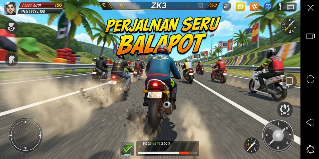 Gameplay seru di ZK3 dengan motor balap yang cepat.